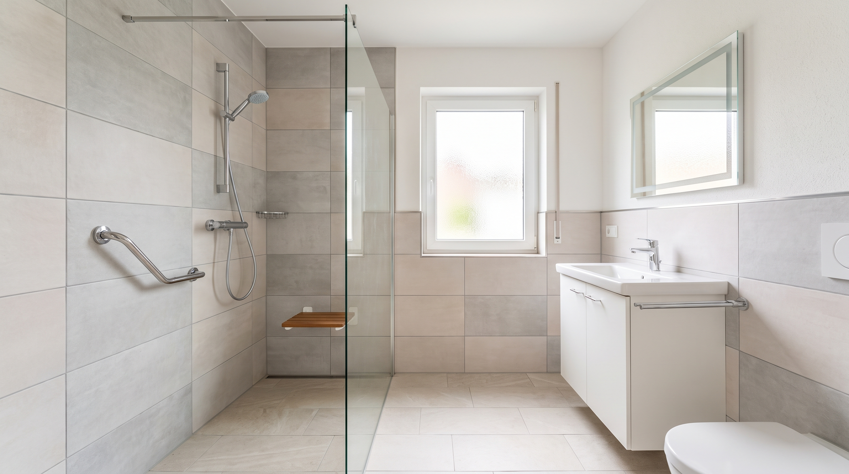 Nachher: moderne bodengleiche flache Dusche mit Glaswand